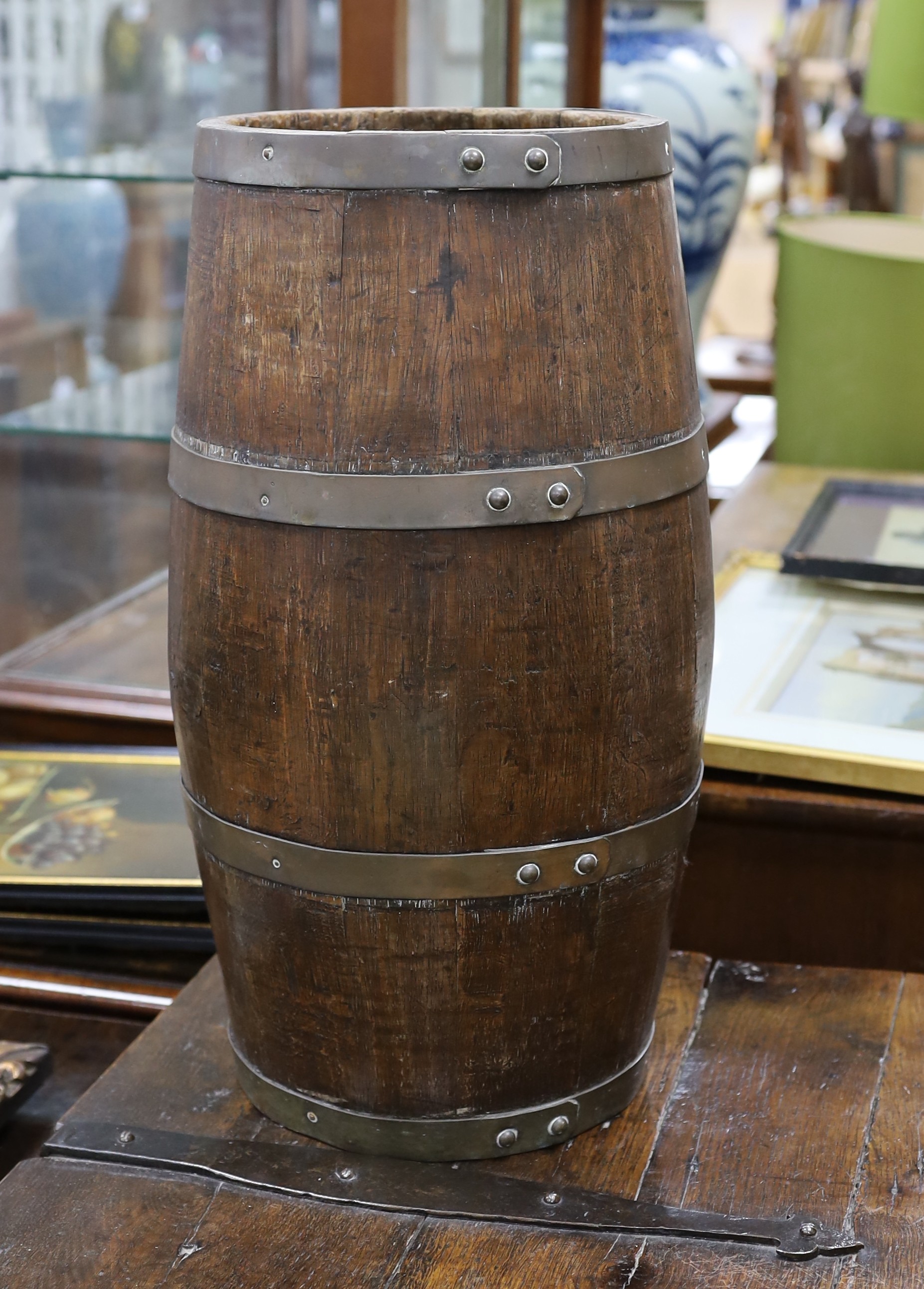 A brass bound staved oak stick stand, height 53cm